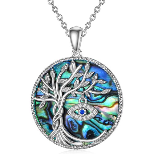 Sterling Silver Circular Shaped Abalone Shellfish Tree Of Life & Evil Eye Pendant Necklace