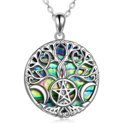 Sterling Silver Abalone Shellfish Tree Of Life Moon Pentagram Pendant Necklace For Unisex