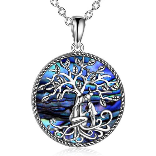 Sterling Silver Circular Shaped Abalone Shellfish Tree Of Life Pendant Necklace