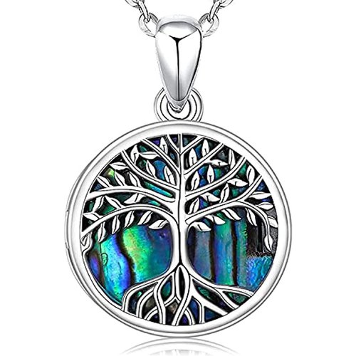 Sterling Silver Circular Shaped Abalone Shellfish Tree Of Life & Personalized Photo Locket Necklace