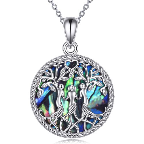 Sterling Silver Circular Shaped Abalone Shellfish Tree Of Life & Sisters Pendant Necklace