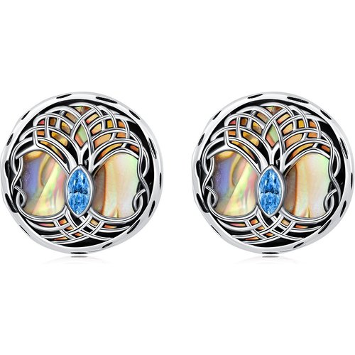 Sterling Silver Circular Shaped Abalone Shellfish Tree Of Life Stud Earrings