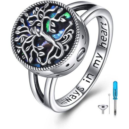 Sterling Silver Round Shaped Abalone Shellfish Tree Of Life Urn Ring with Engraved Word