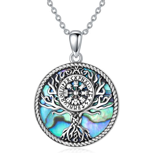 Sterling Silver Circular Shaped Abalone Shellfish Tree Of Life & Viking Rune Pendant Necklace