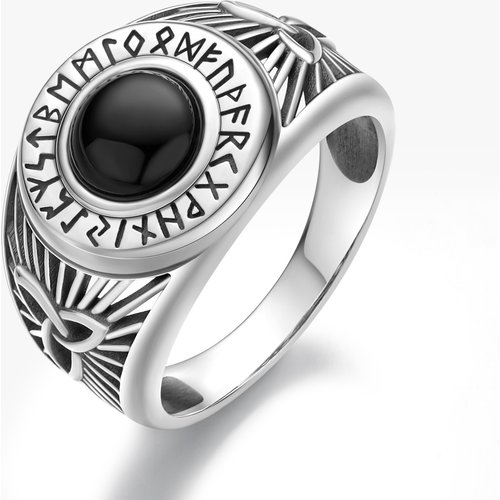 Sterling Silver Round Shaped Agate Celtic Knot & Viking Rune Signet Ring for Men
