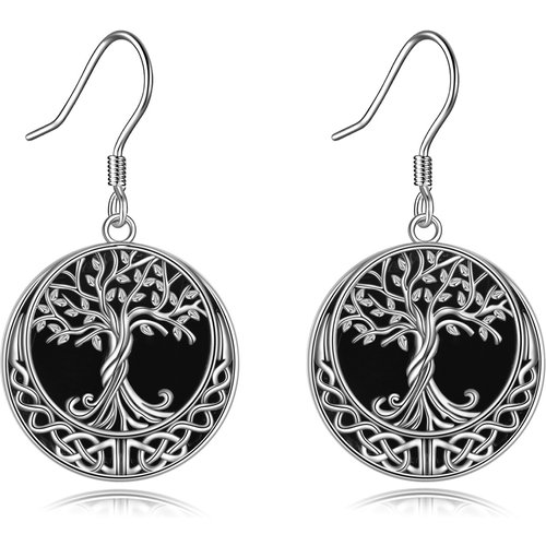 Sterling Silver Circular Shaped Agate Tree Of Life Drop Earrings