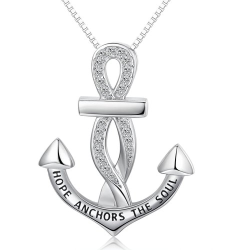 Sterling Silver Circular Shaped Cubic Zirconia Anchor Pendant Necklace with Engraved Word