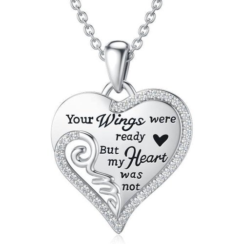 Sterling Silver Circular Shaped Angel Wing & Heart Pendant Necklace with Engraved Word