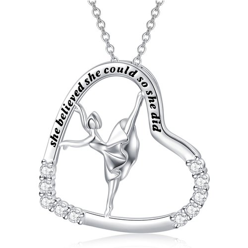 Sterling Silver Circular Shaped Cubic Zirconia Ballet Dancer & Heart Pendant Necklace with Engraved Word