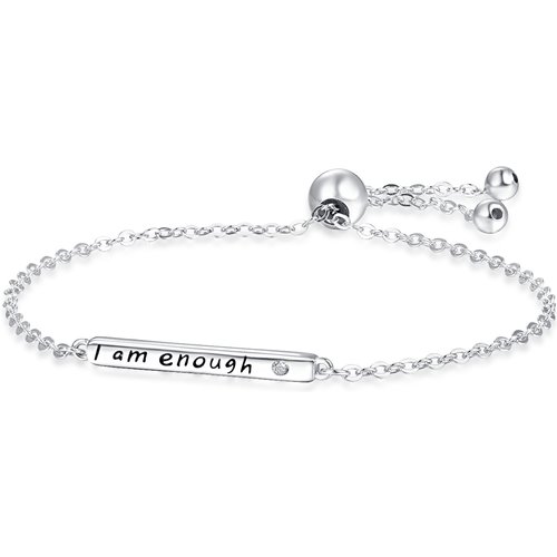 Sterling Silver Circular Shaped Cubic Zirconia Bar Charm Bracelet with Engraved Word