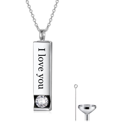 Sterling Silver Circular Shaped Cubic Zirconia Bar Urn Necklace for Ashes with Engraved Word