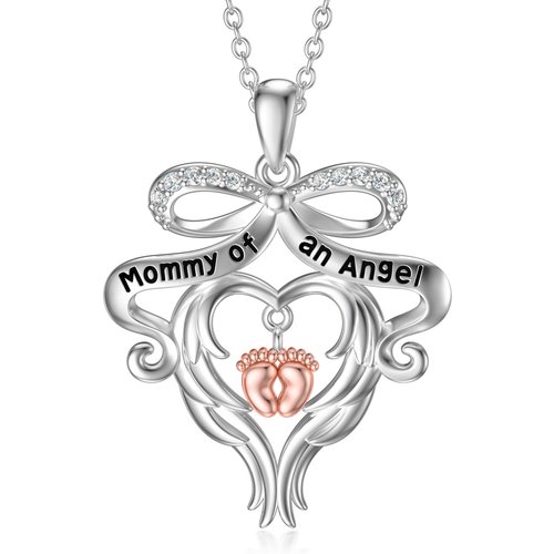 Sterling Silver Circular Cubic Zirconia Bow With Footprints With Heart Pendant Necklace With Engraved Word For Women