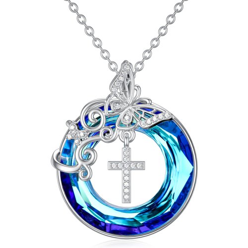 Sterling Silver Circular Shaped Butterfly & Cross Crystal Pendant Necklace