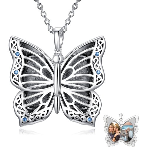 Sterling Silver Circular Shaped Butterfly Personalized Photo Locket Necklace