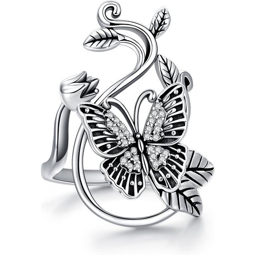 Sterling Silver Vintage Butterfly & Rose Open Ring