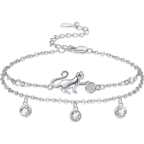 Sterling Silver Circular Shaped Cubic Zirconia Cat Layerered Bracelet