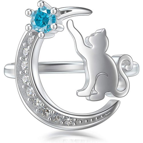 Sterling Silver Round Shaped Cubic Zirconia Cat Open Ring