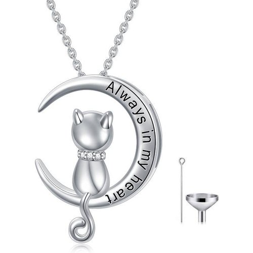 Sterling Silver Circular Shaped Cat Urn Necklace for Ashes with Engraved Word