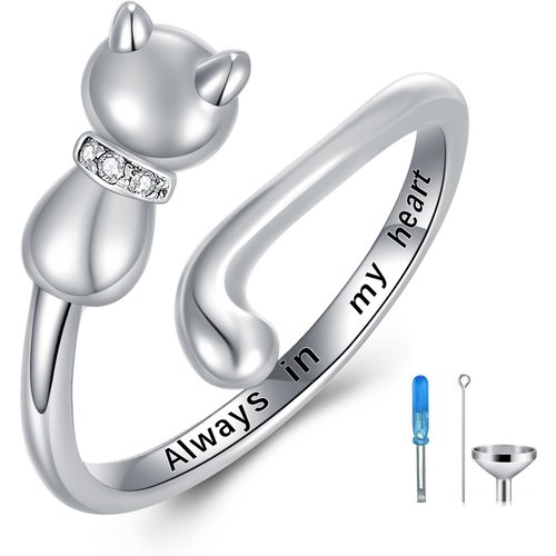 Sterling Silver Round Shaped Cubic Zirconia Cat Urn Ring with Engraved Word