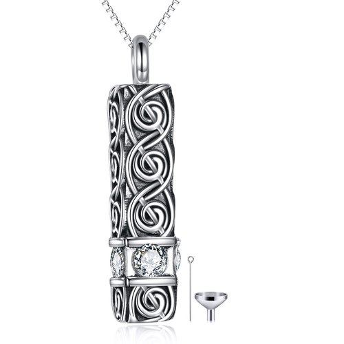 Sterling Silver Circular Shaped Cubic Zirconia Celtic Spiral Knot & Square Urn Necklace for Ashes