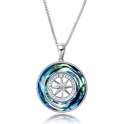 Sterling Silver Circular Shaped Compass Crystal Pendant Necklace