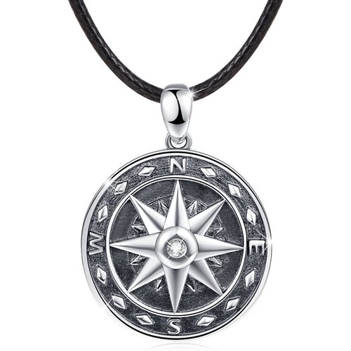 Sterling Silver Circular Shaped Cubic Zirconia Compass Pendant Necklace for Men