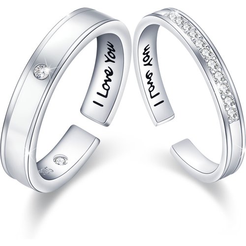 Sterling Silver Round Cubic Zirconia Couple Rings With Engraved Word