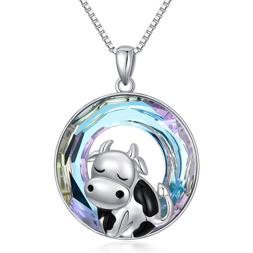 Sterling Silver Circular Shaped Cow Crystal Pendant Necklace