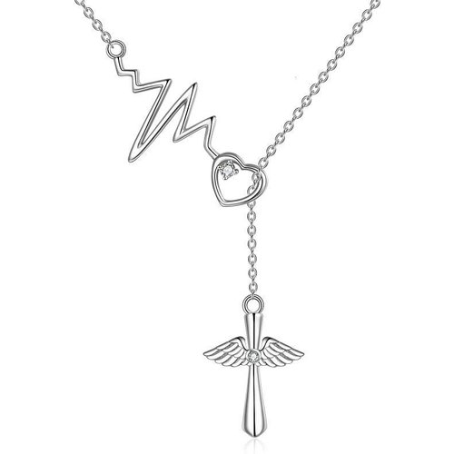 Sterling Silver Cubic Zirconia Cross Electrocardiogram And Heart Adjustable Y Necklace For Women