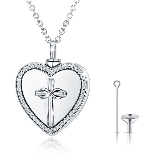 Sterling Silver Circular Shaped Cubic Zirconia Cross & Heart Urn Necklace for Ashes with Engraved Word