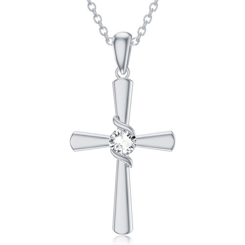 Sterling Silver Circular Shaped Cubic Zirconia Cross Pendant Necklace