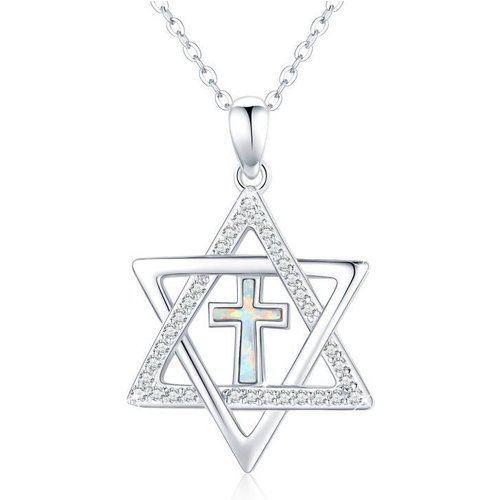 Sterling Silver Circular Shaped Cubic Zirconia Cross & Star Of David Pendant Necklace