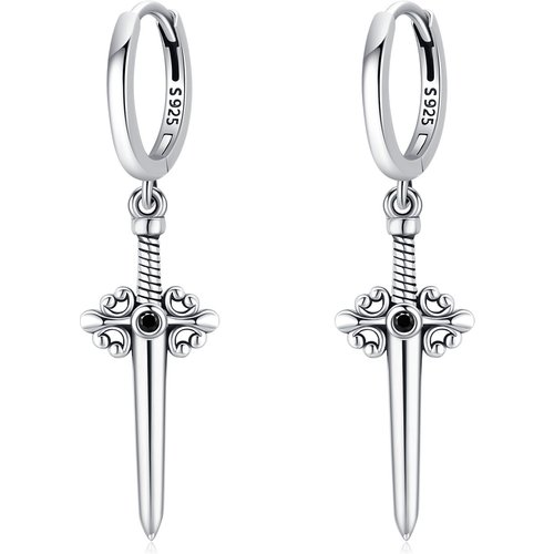 Sterling Silver Circular Shaped Cubic Zirconia Cross & Sword Drop Earrings