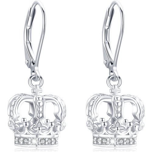 Sterling Silver Circular Shaped Cubic Zirconia Crown Lever-back Earrings