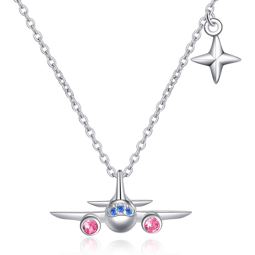 Sterling Silver Circular Shaped Crystal Airplane & Star Pendant Necklace