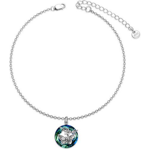 Sterling Silver Circular Shaped Crystal Butterfly Single Layer Anklet