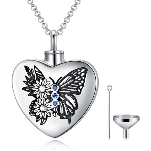 Sterling Silver Crystal Butterfly Sunflower And Heart Urn Necklace For Ashes With Engraved Word