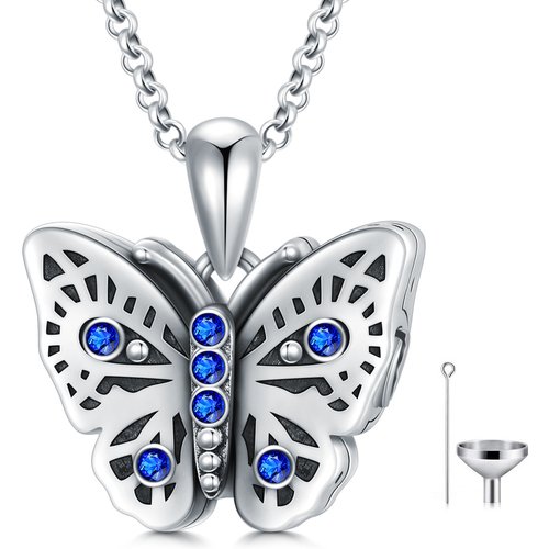 Sterling Silver Circular Shaped Crystal Butterfly Urn Necklace for Ashes with Engraved Word