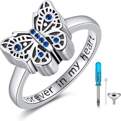 Sterling Silver Round Shaped Crystal Butterfly Urn Ring with Engraved Word