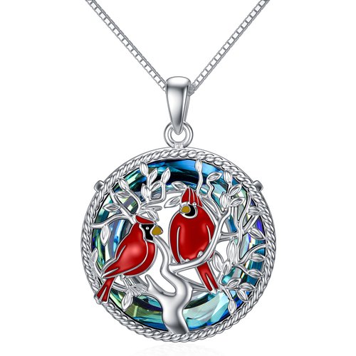 Sterling Silver Circular Shaped Crystal Cardinal & Tree Of Life Urn Necklace for Ashes with Engraved Word