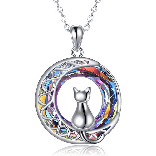 Sterling Silver Cat & Moon Crystal Pendant Necklace for Women