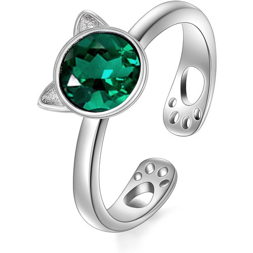 Sterling Silver Round Shaped Crystal Cat Open Ring