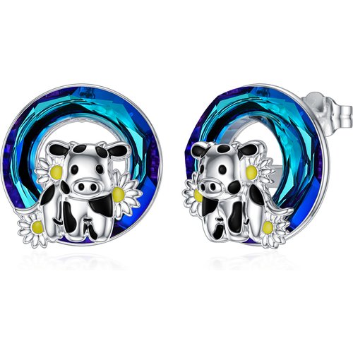 Sterling Silver Circular Shaped Crystal Cow & Daisy Stud Earrings