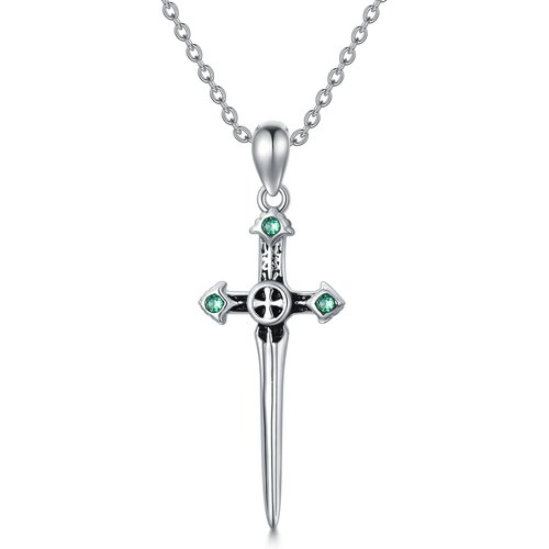 Sterling Silver Circular Shaped Crystal Cross & Sword Pendant Necklace