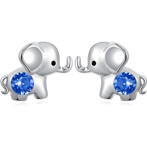 Sterling Silver Blue Circular Shaped Crystal Elephant Stud Earrings