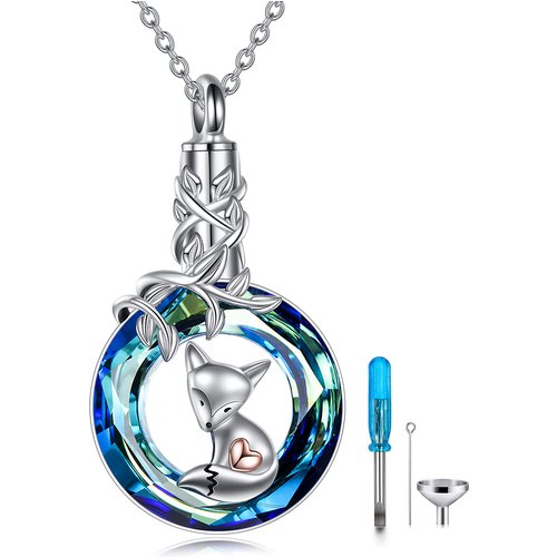 Sterling Silver Circular Crystal Fox With Heart Urn Necklace For Ashes