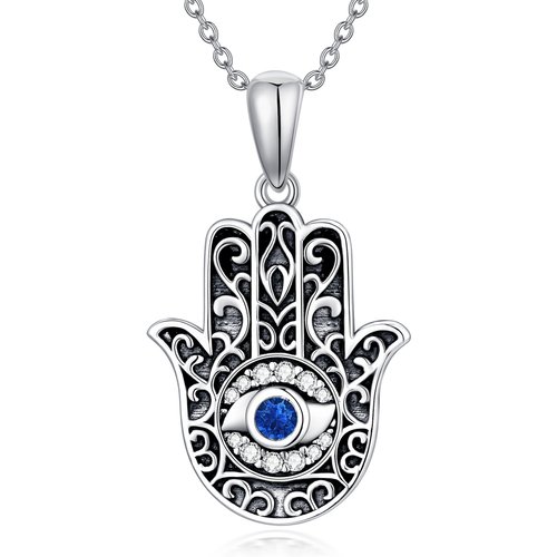 Sterling Silver Circular Shaped Crystal Hamsa Hand Pendant Necklace