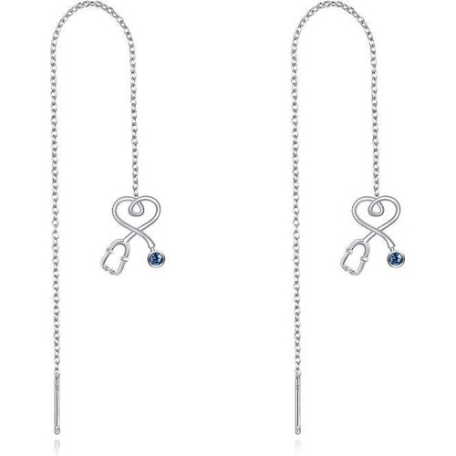 Sterling Silver Circular Shaped Crystal Heart & Stethoscope Drop Earrings