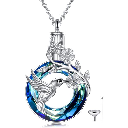 Sterling Silver Circular Shaped Crystal Hummingbird Urn Necklace for Ashes