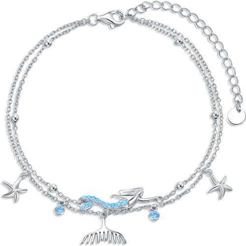 Sterling Silver Circular Shaped Crystal Mermaid Multi-layered Anklet